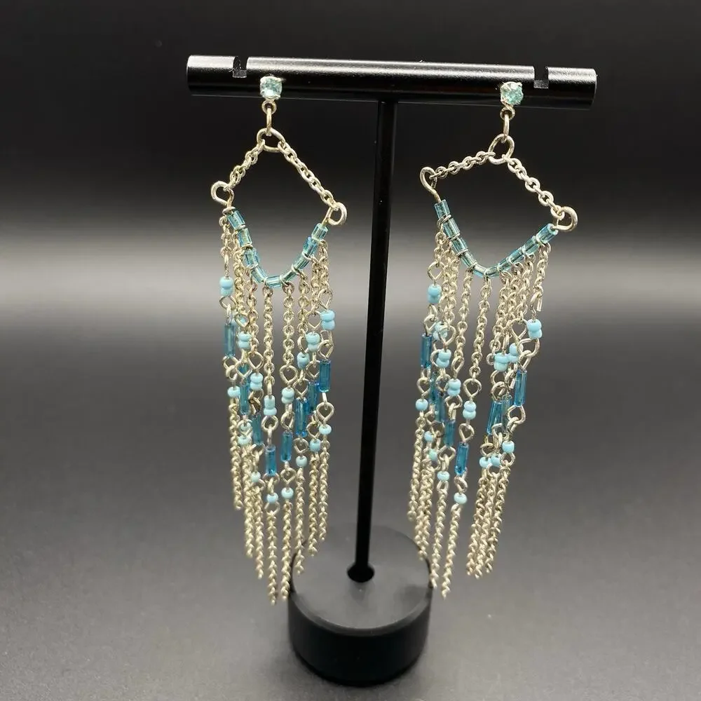 Silver-Tone Boho Beaded Stretch Ring Sz 8 w/ Dangling Beaded Earrings